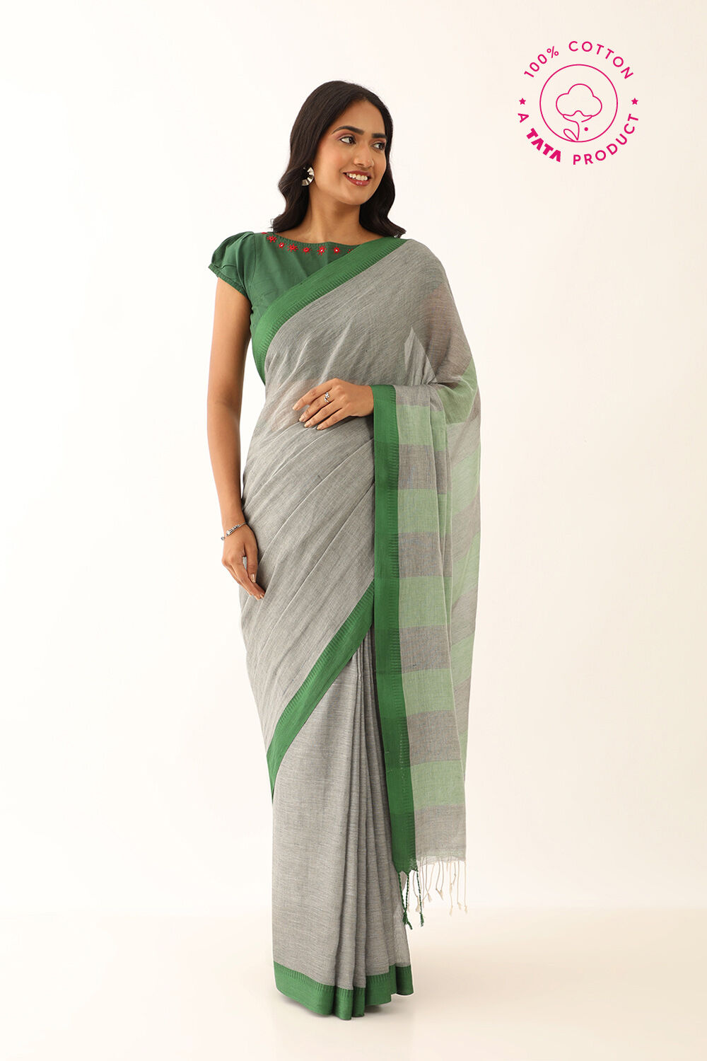Grey Pure Cotton Woven Bengali Saree image number null