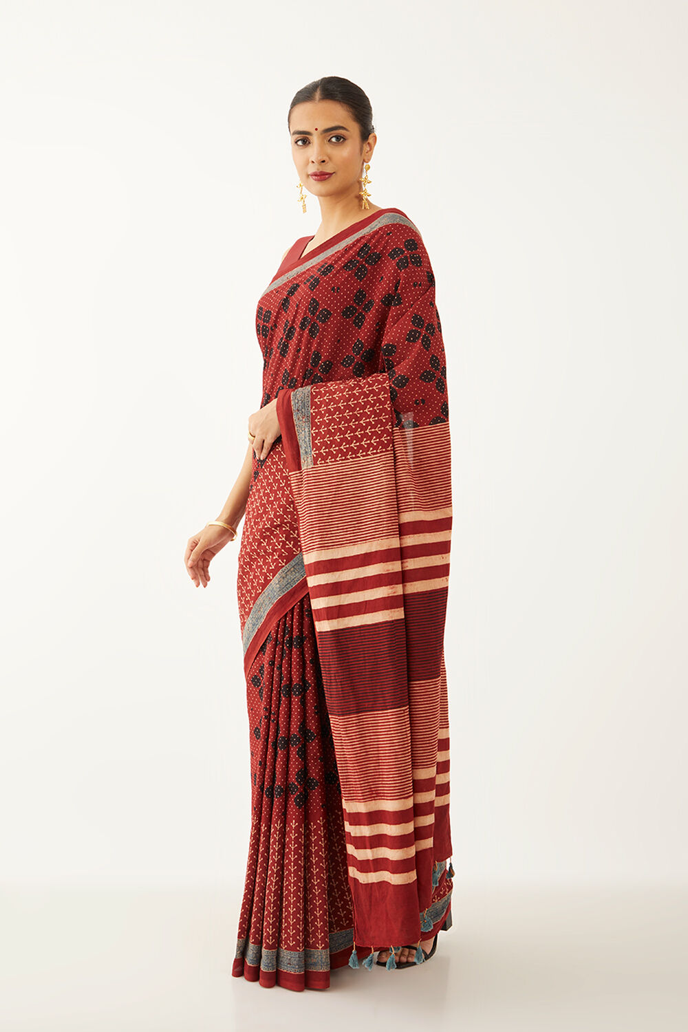Red Pure Cotton Ajrakh Block Print Saree image number null