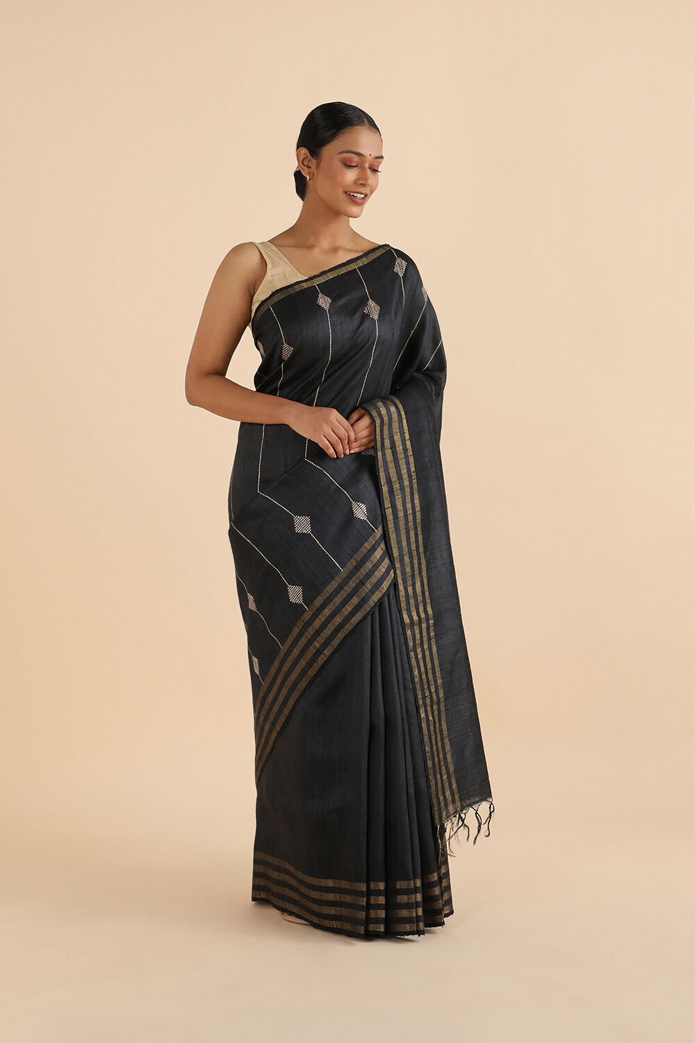 Black Pure Tussar Silk Bhagalpuri Saree image number null