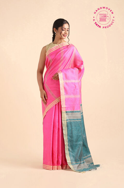 Pink Pure Tussar Silk Bhagalpuri Saree