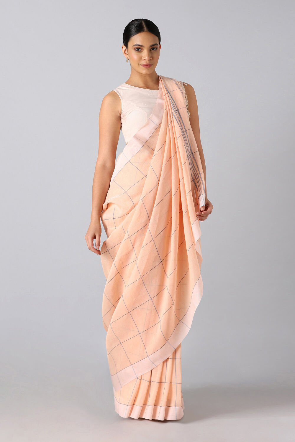 Light Orange Pure Cotton Linen Bengal Saree image number null