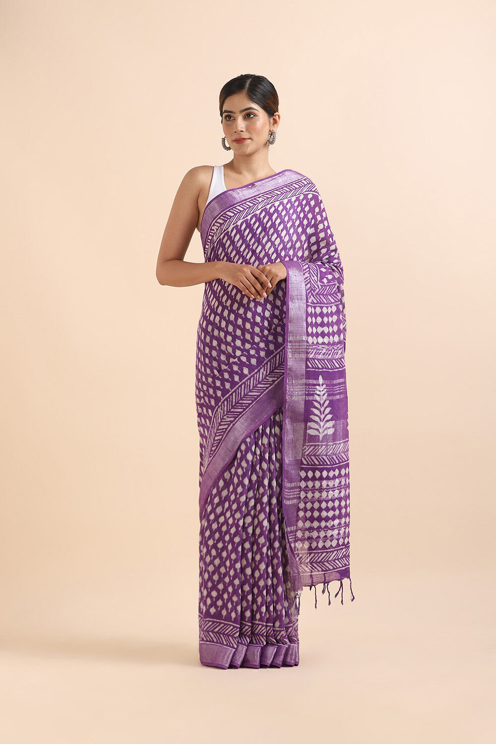 Violet Pure Cotton Linen Bagru Printed Saree image number null