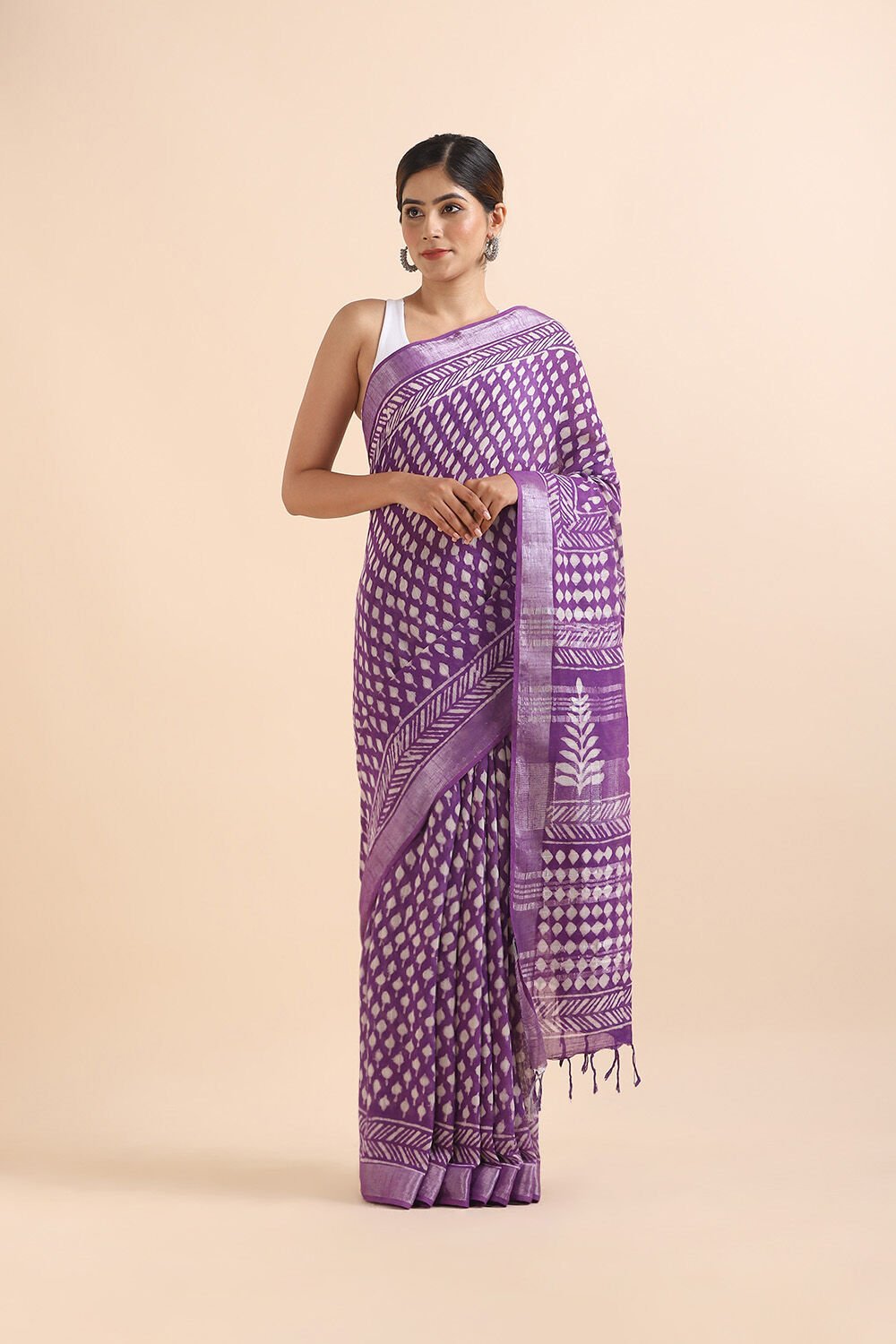 Violet Pure Cotton Linen Bagru Printed Saree image number null