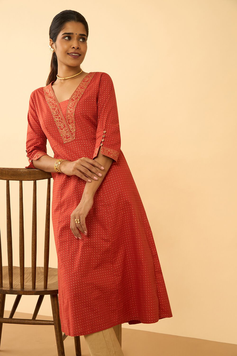 Dark Orange Screen Printed Pure Cotton Kurta image number null