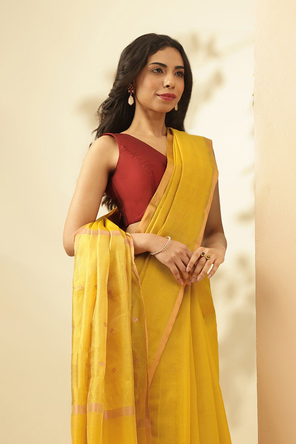 Dark Yellow Woven Pure Tissue Cotton Chanderi Saree image number null