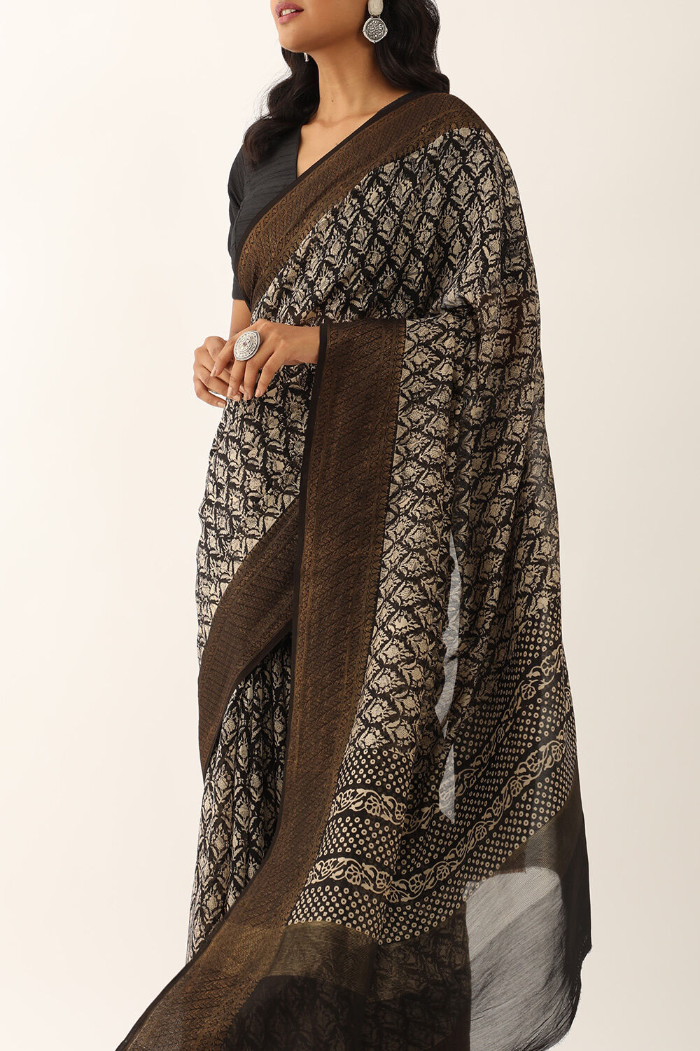 Black Pure Silk Cotton Block Printed Saree image number null