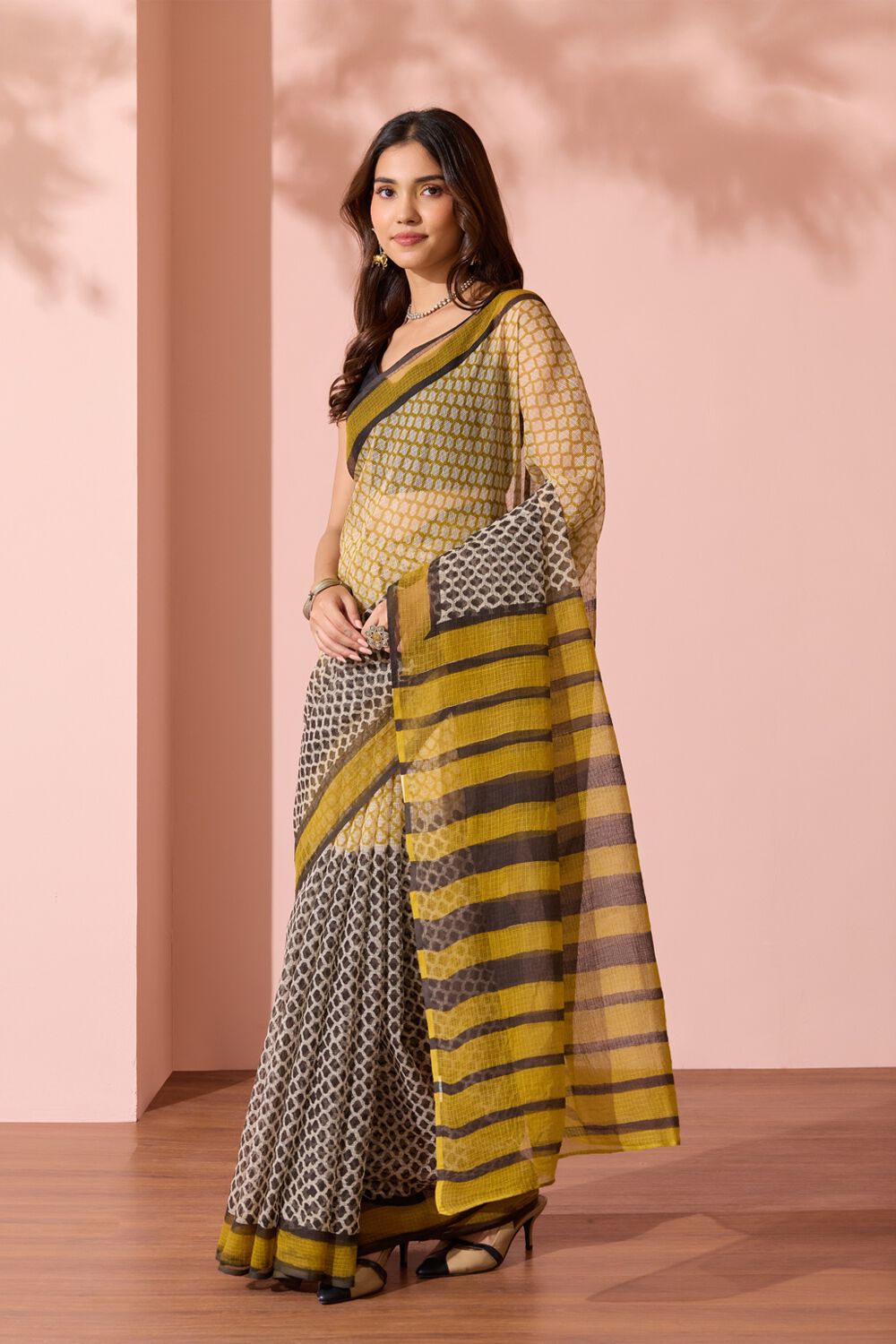 Yellow Bagru Block Printed Pure Cotton Kota Saree image number null