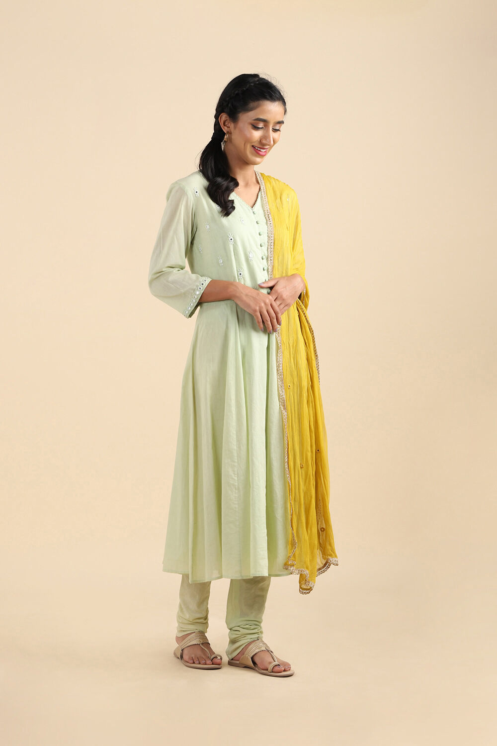 Light Green Mirror Embroidered Kurta Set image number null