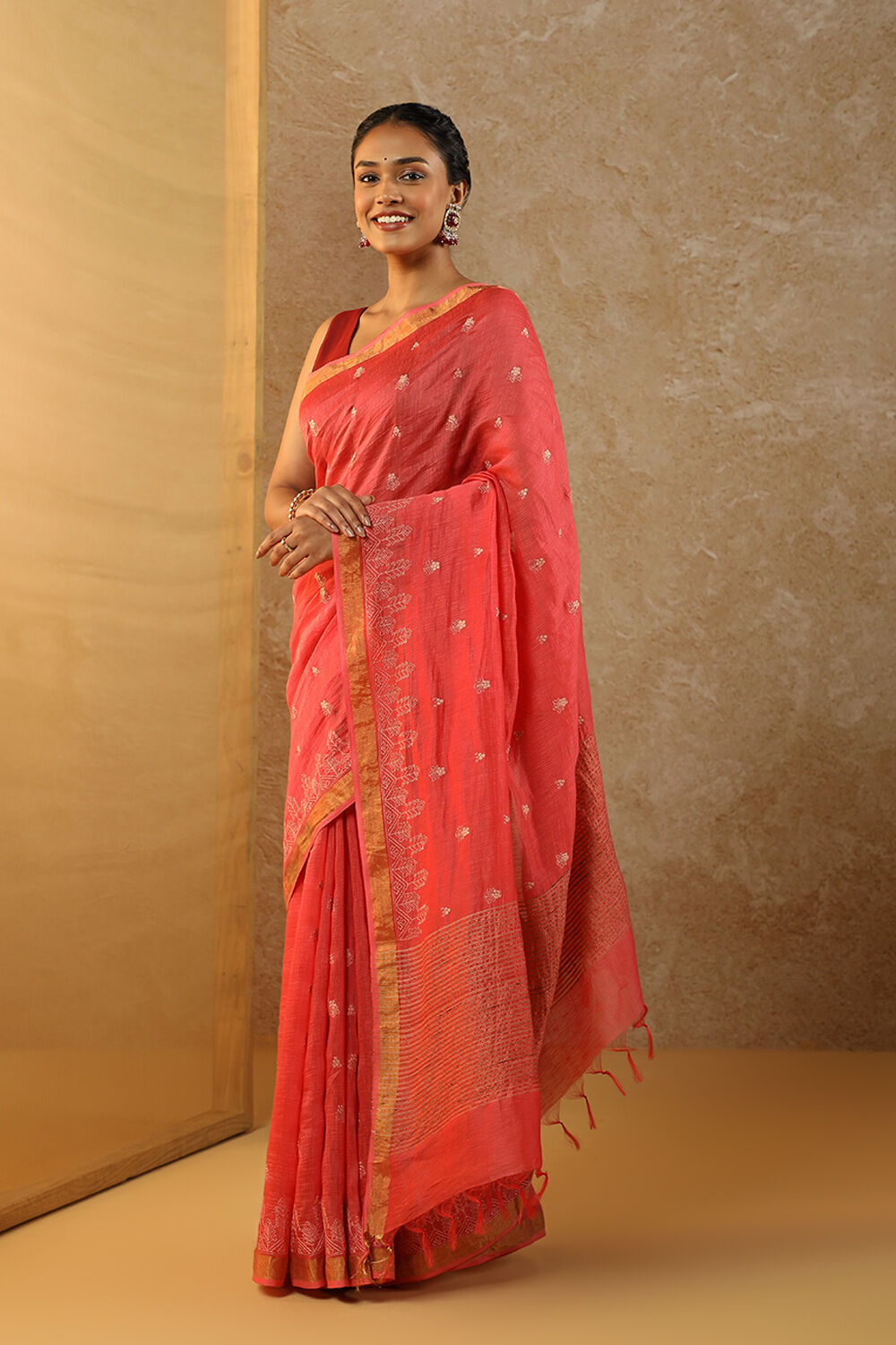Red Bhagalpur Pure Silk Linen Embroidery Saree image number null