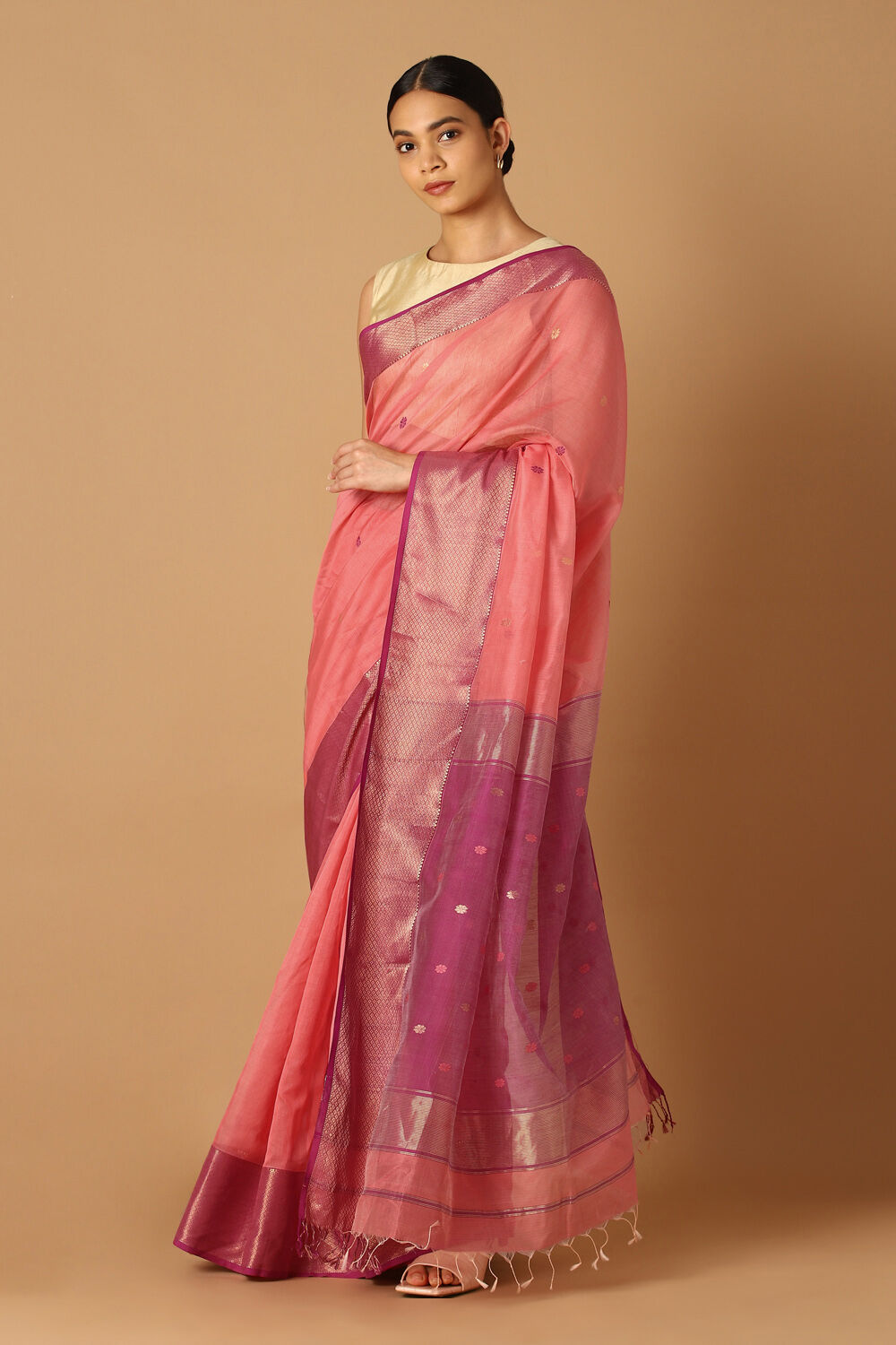 Light Orange Pure Silk Cotton Maheswari Saree image number null