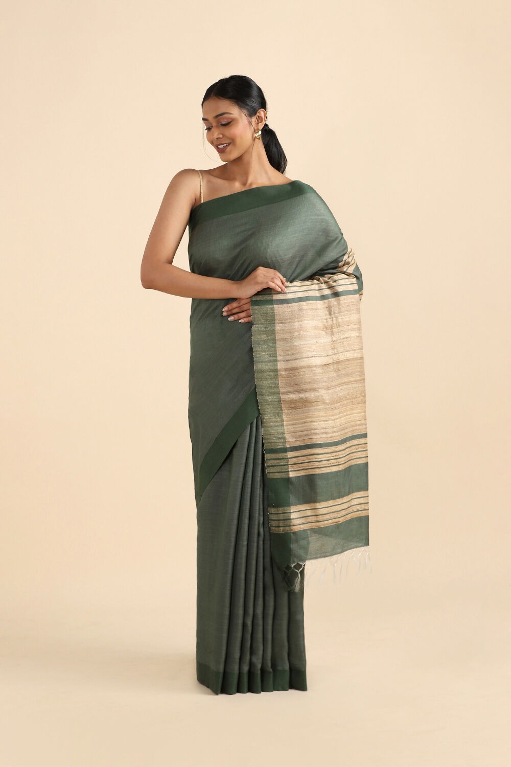 Dark Green Pure Silk Viscose Bhagalpuri Saree image number null