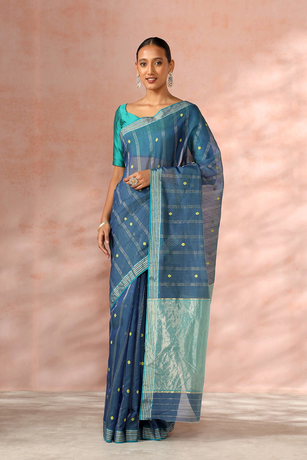 Dark Blue Chanderi Pure Silk Cotton Woven Saree image number null