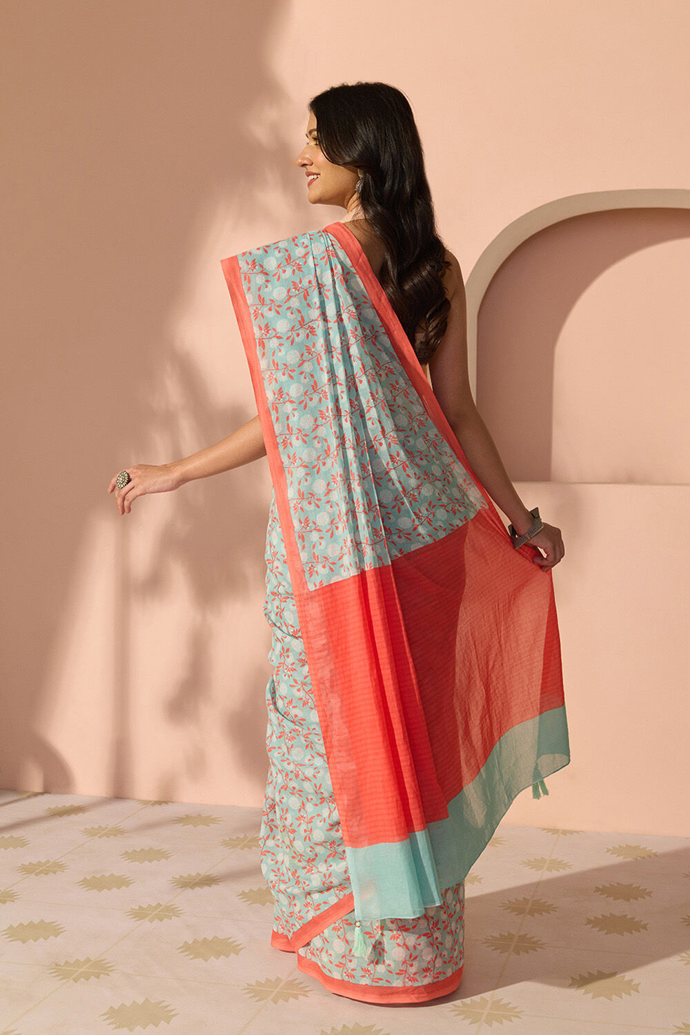 Light Blue Bengal Screen Printed Pure Cotton Mulmul Saree image number null