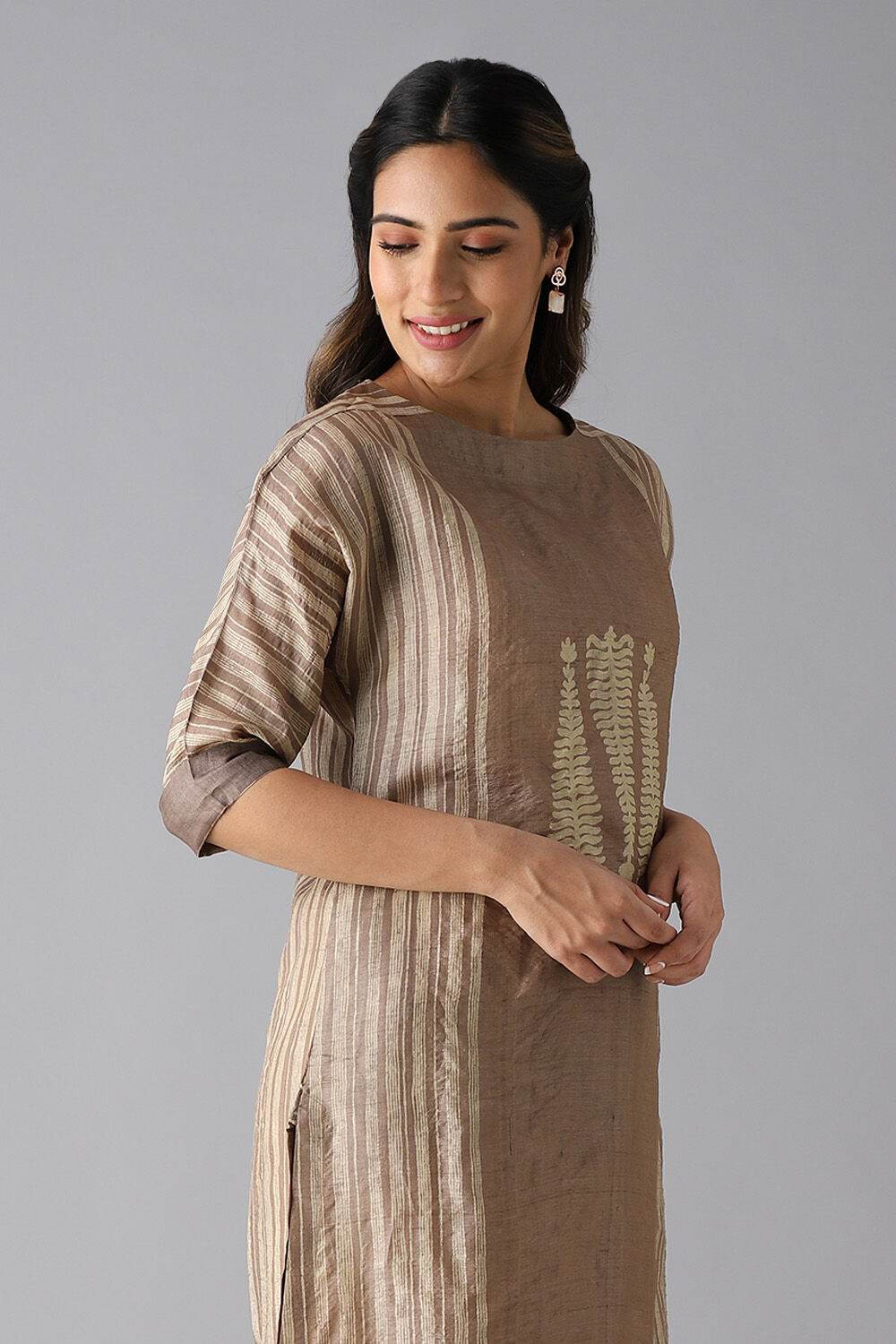 Brown Tussar Block Printed Kurta image number null
