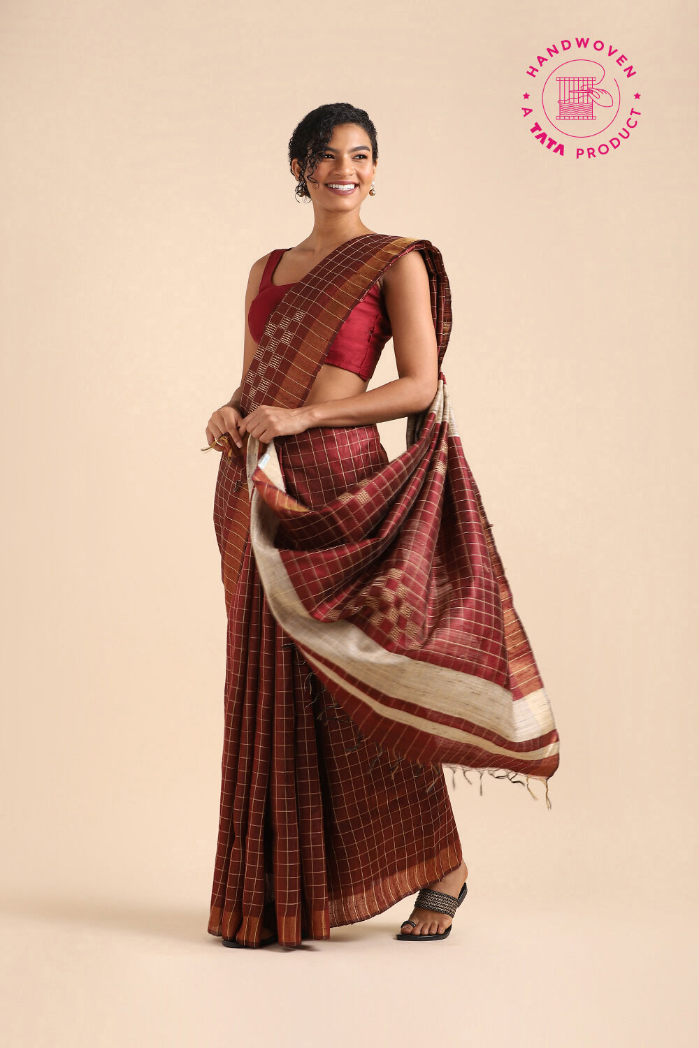 Dark Red Pure Tussar Silk Bhagalpuri Saree image number null