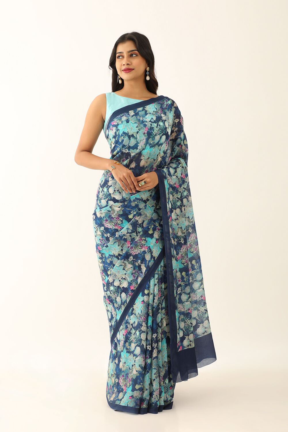 Blue Viscose Crepe Digital Print Saree image number null