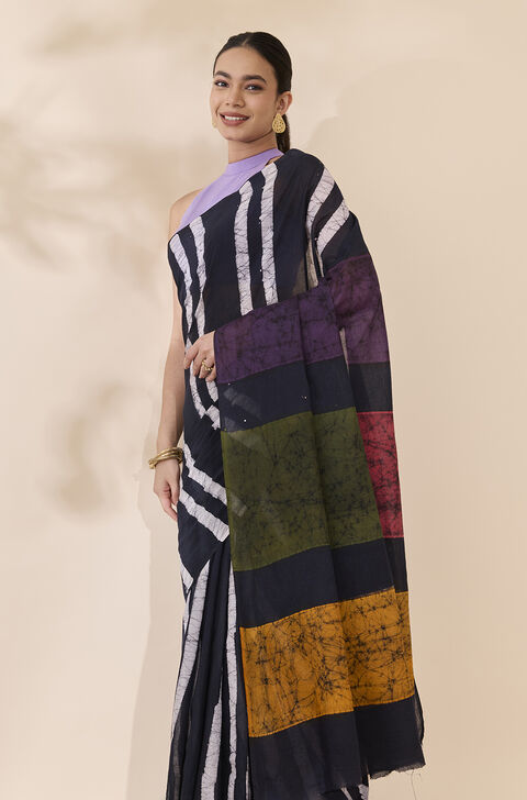 Black Ujjain Pure Cotton Batik Saree