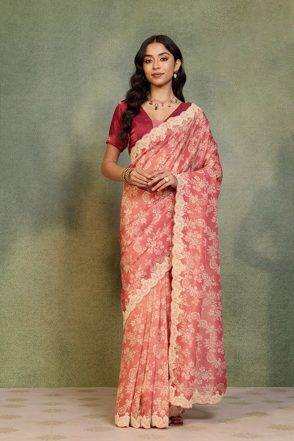 Light Red Viscose Tissue Embroidered Saree image number null
