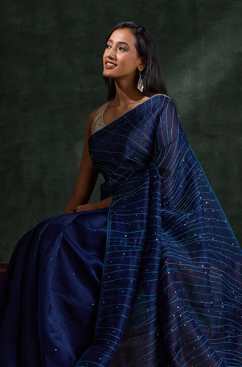 Dark Blue Pure Silk Organza Embroidery Saree