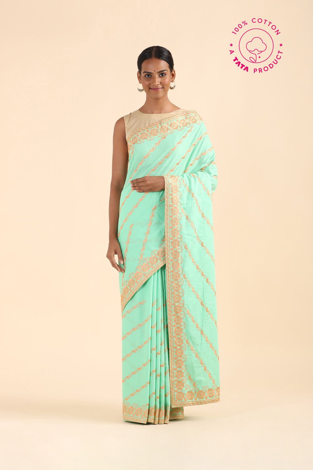 Light Green Pure Cotton Embroidered Saree image number null