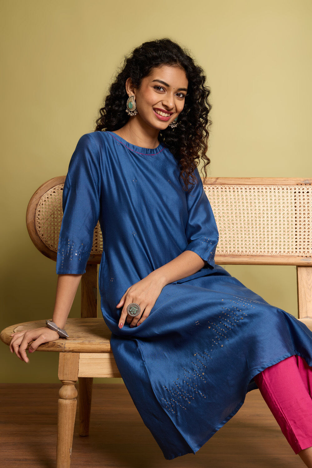 Blue Pure Silk Cotton Mukaish Embroidery Kurta Set image number null