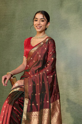 Red Silk Viscose Cutwork Banarasi Inspired Design Saree image number