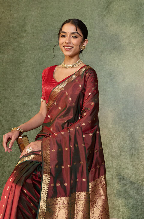 Red Silk Viscose Cutwork Banarasi Inspired Design Saree