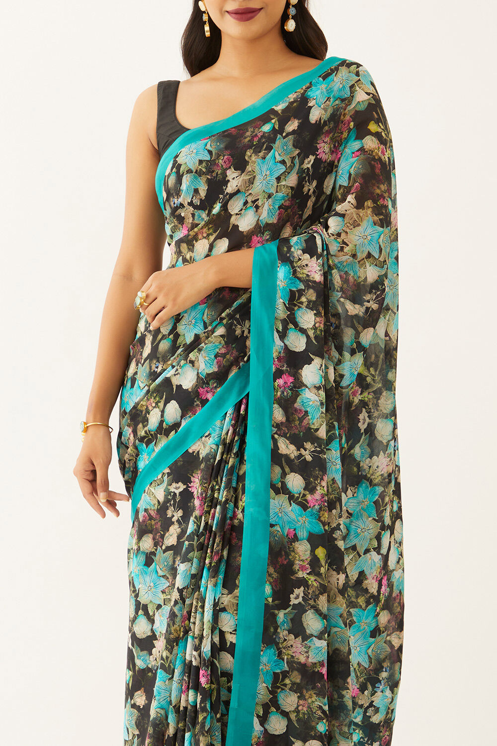 Black Viscose Crepe Digital Print Saree image number null