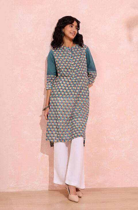 Blue Pure Cotton Printed Sanganeri Kurta