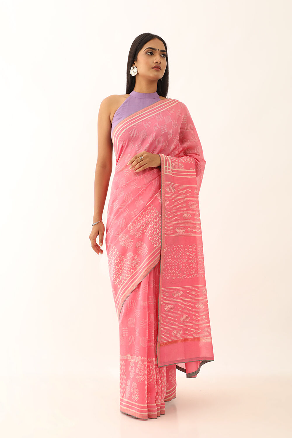 Light Pink Pure Silk Cotton Bagru Printed Saree image number null