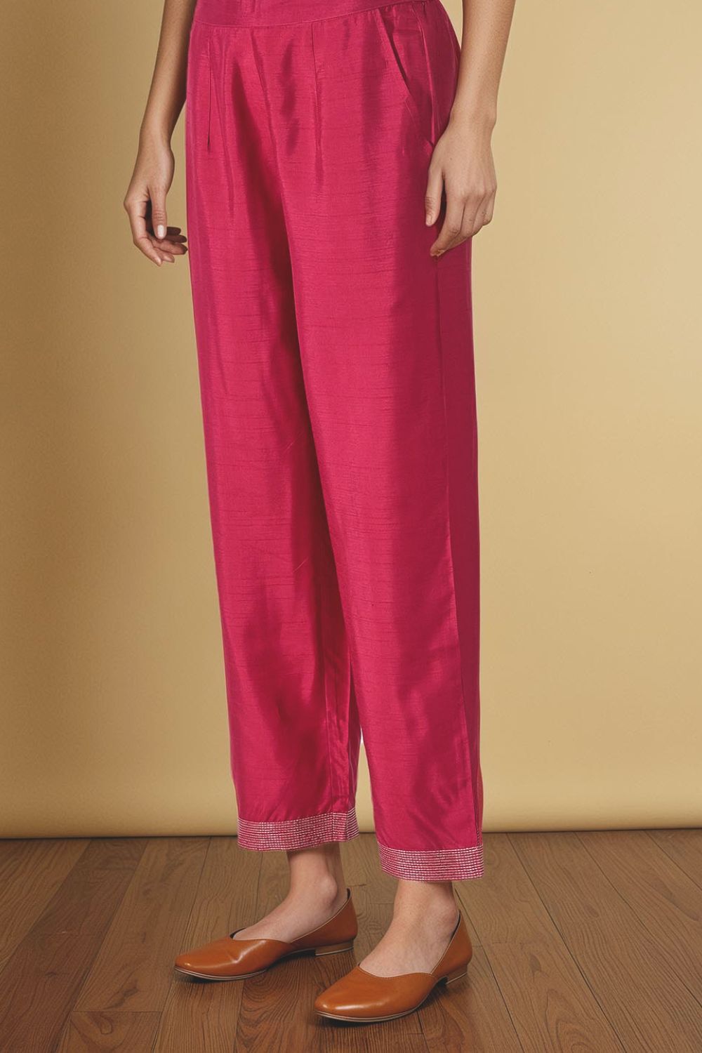 Dark Pink Viscose Embroidered Trouser image number null