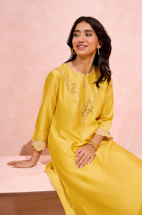 Yellow Pure Silk Cotton Aari Kurta