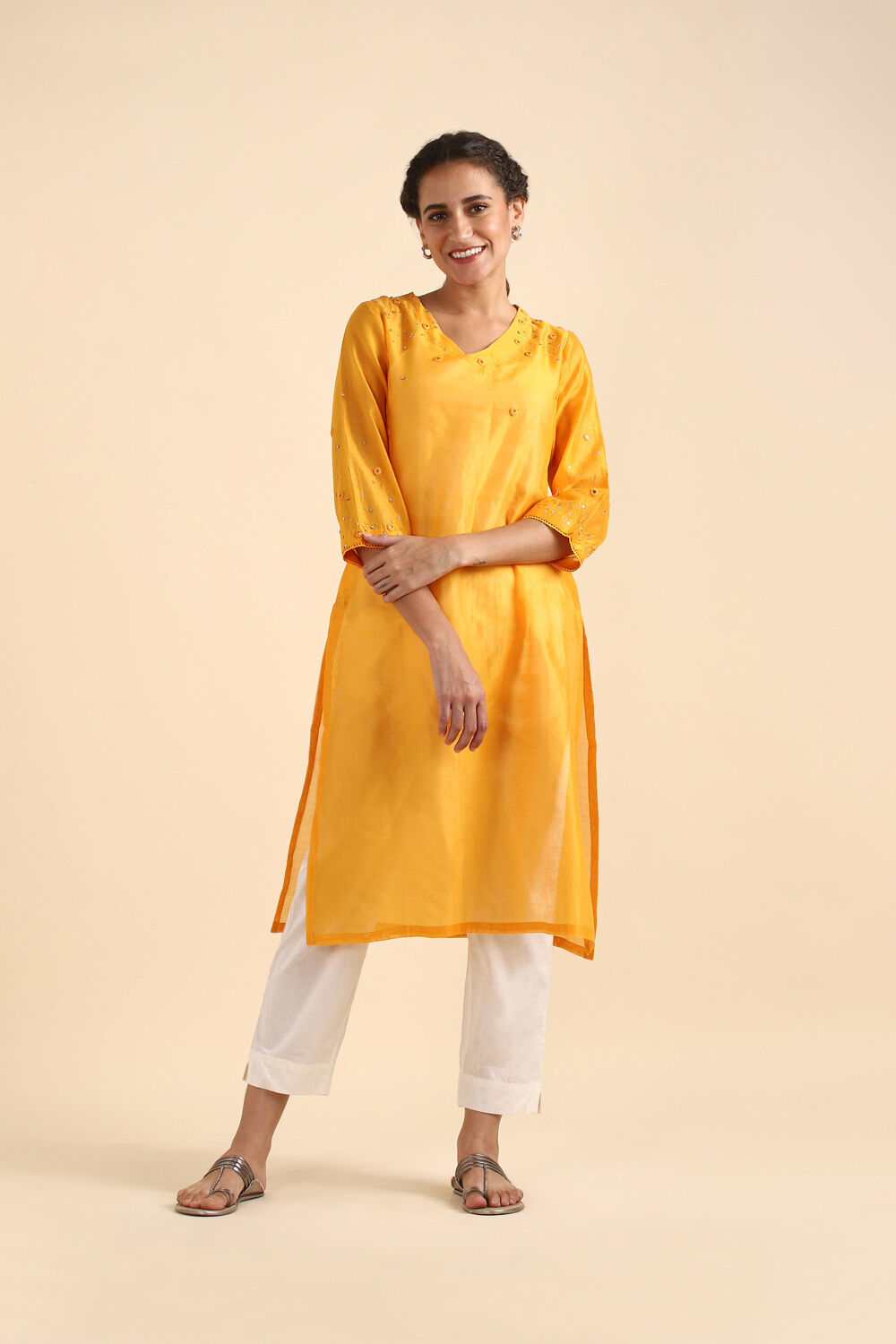 Light Orange Silk Cotton Embroidered Kurta image number null