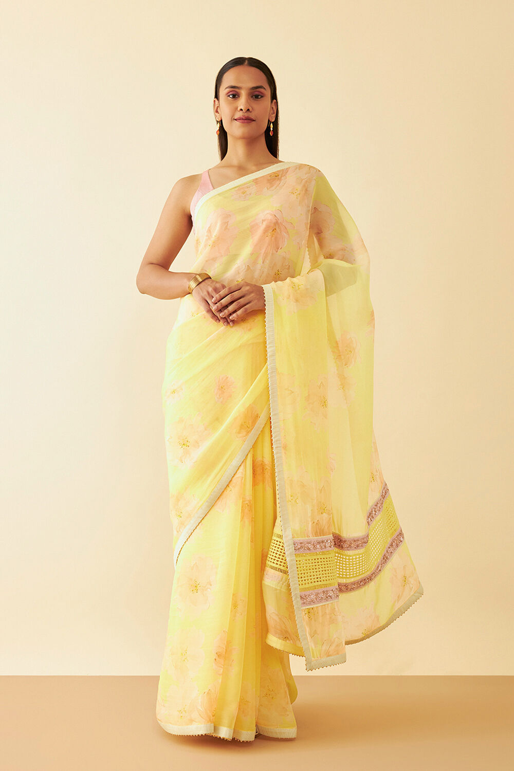 Yellow Printed Viscose Organza Saree image number null