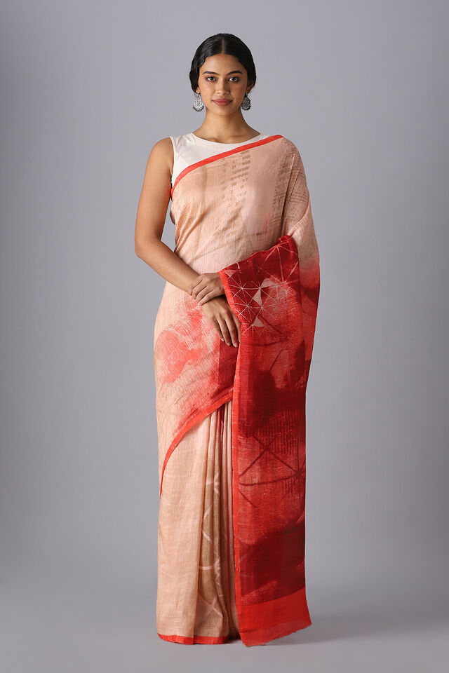 Red and Pink Pure Silk Linen Printed Saree