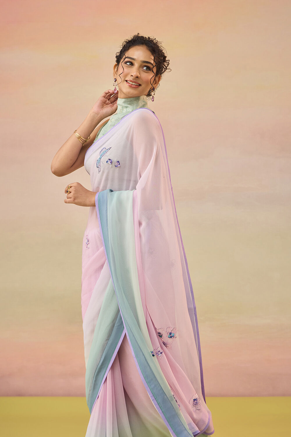 Light Violet Printed Viscose Chiffon Saree image number null