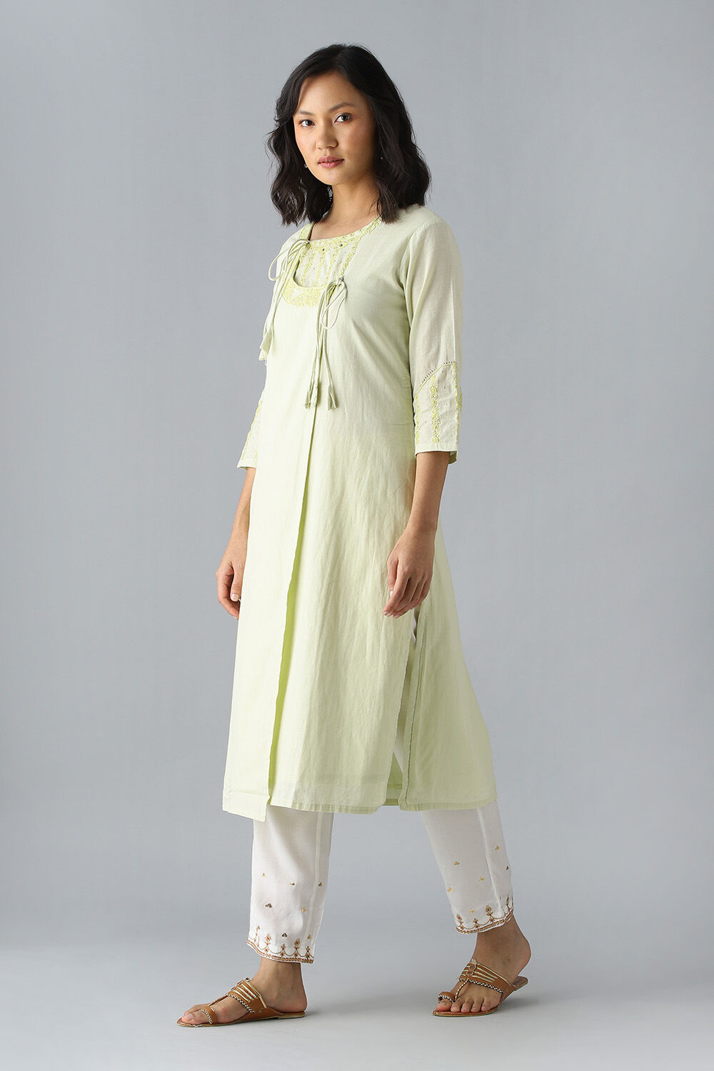 Light Green Embroidered Cotton Kurta image number null
