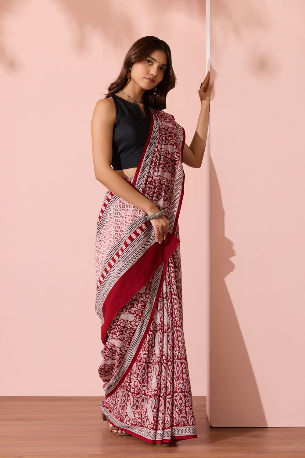 Red Bagh Block Printed Pure Cotton Saree image number null