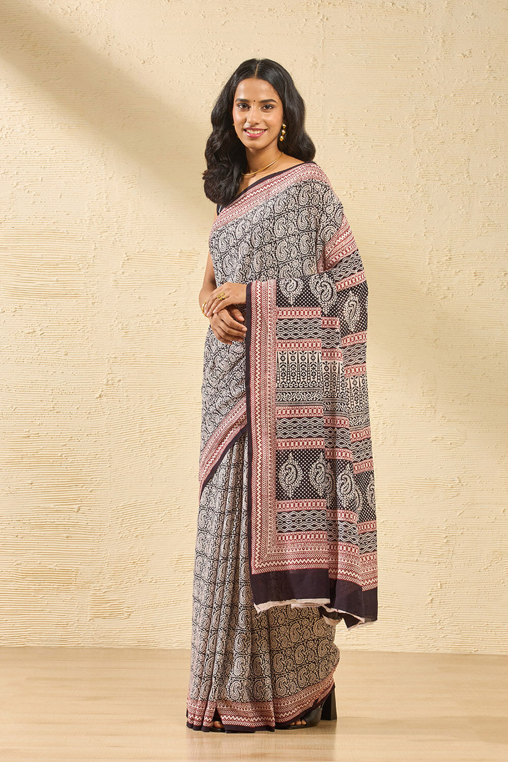 Black Bagh Block Printed Pure Cotton Saree image number null