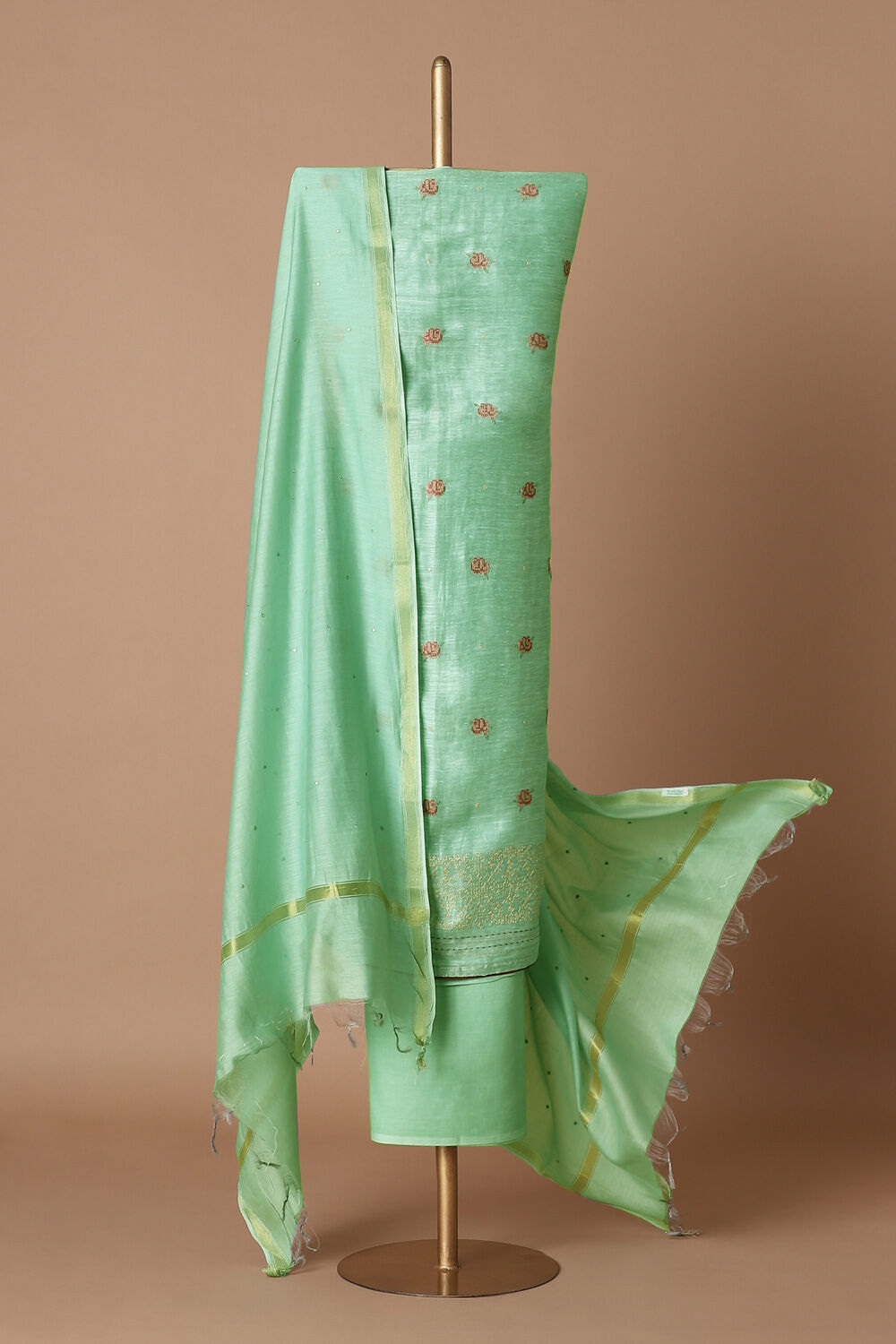 Light Blue Silk Linen Embroidered Unstitched Suit Set image number null
