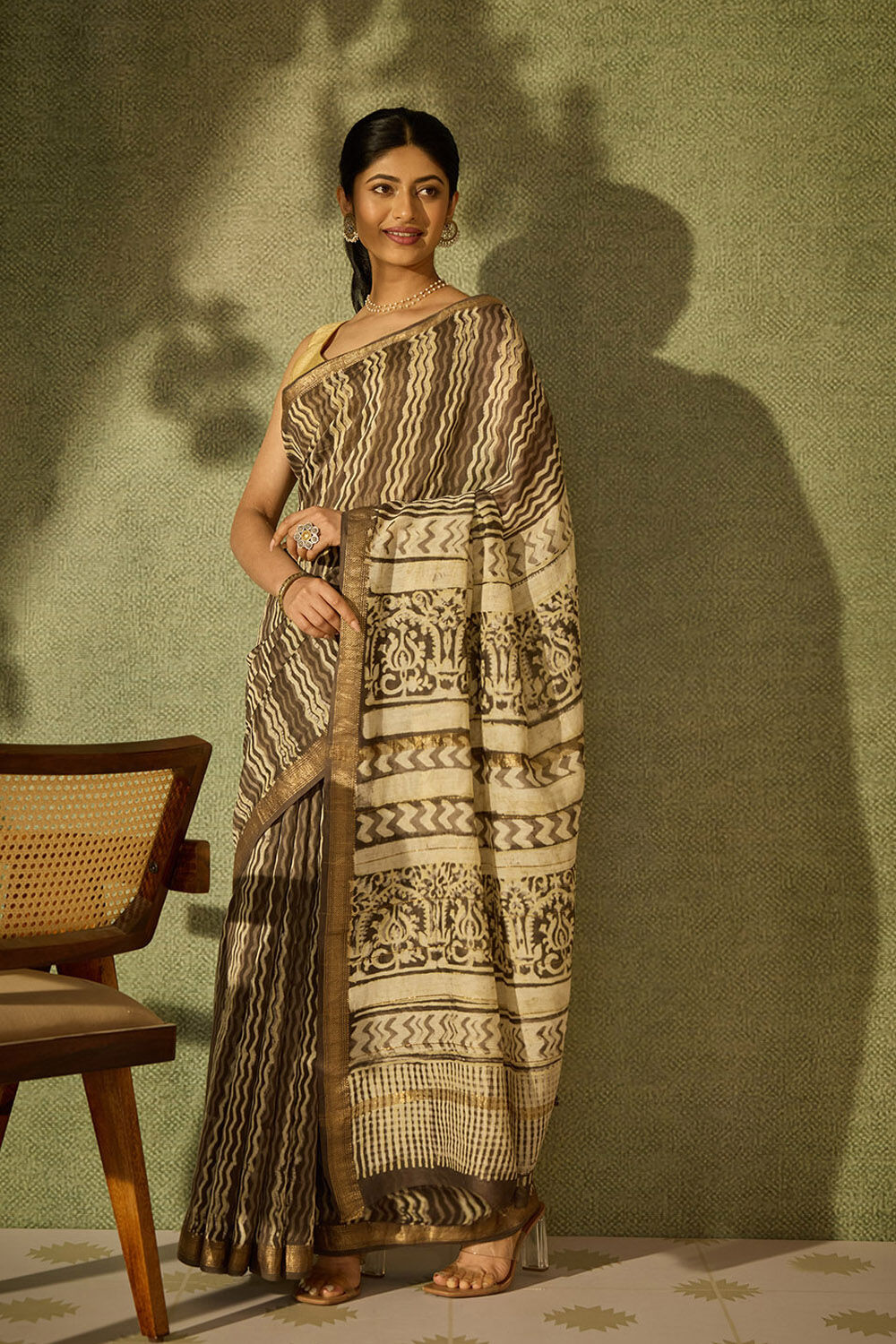 Grey Bagru Pure Silk Cotton Dabu Block Printed Saree image number null