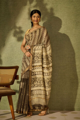 Grey Bagru Pure Silk Cotton Dabu Block Printed Saree thumbnail image number null