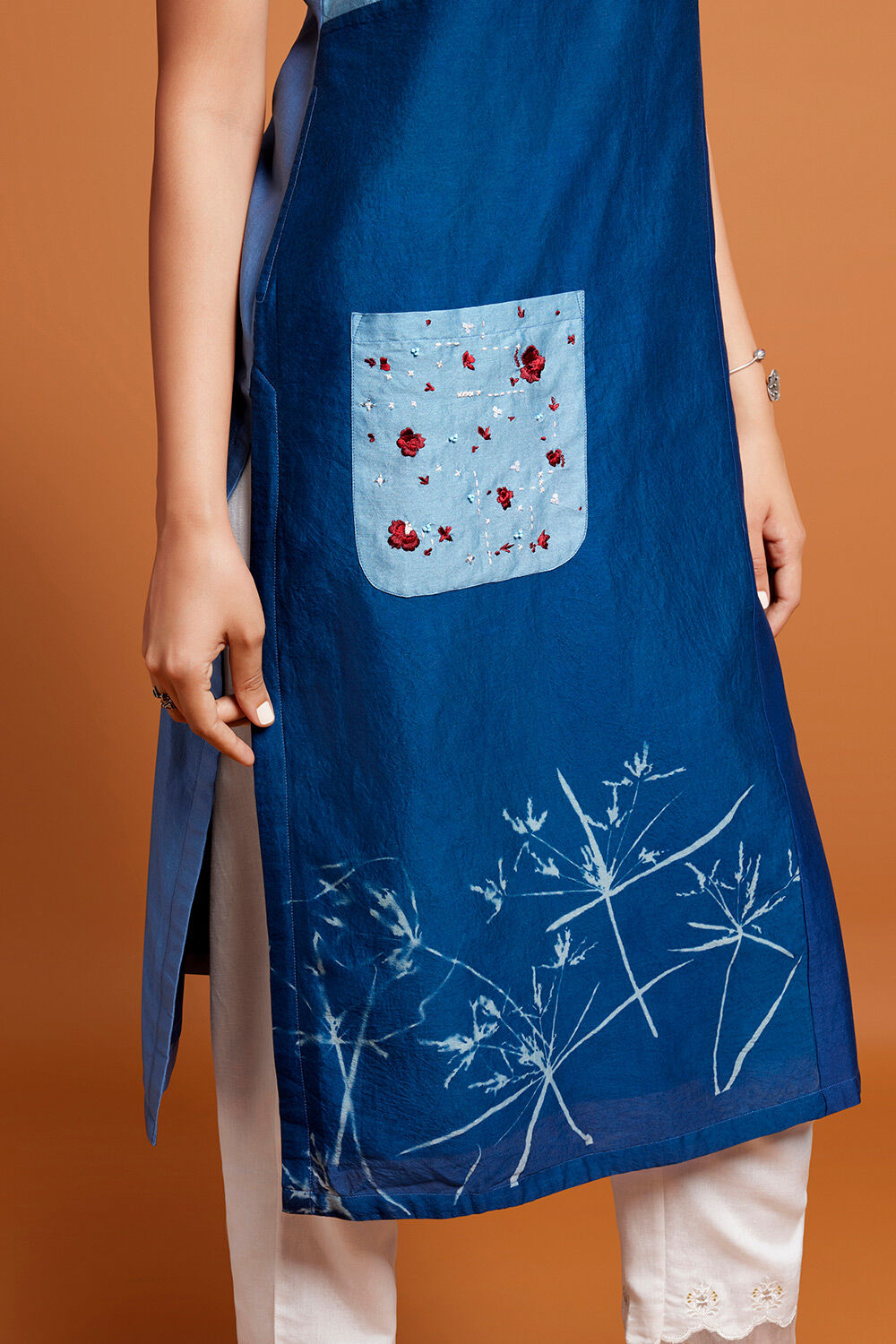 Blue Silk Cotton Hand Printed Patch Pocket Kurta image number null