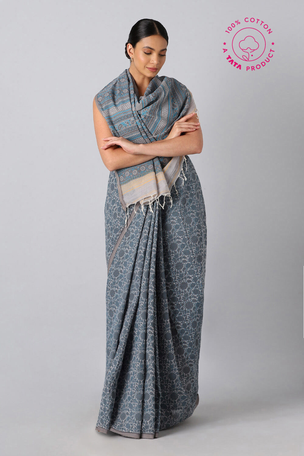 Grey Pure Cotton Printed Saree image number null