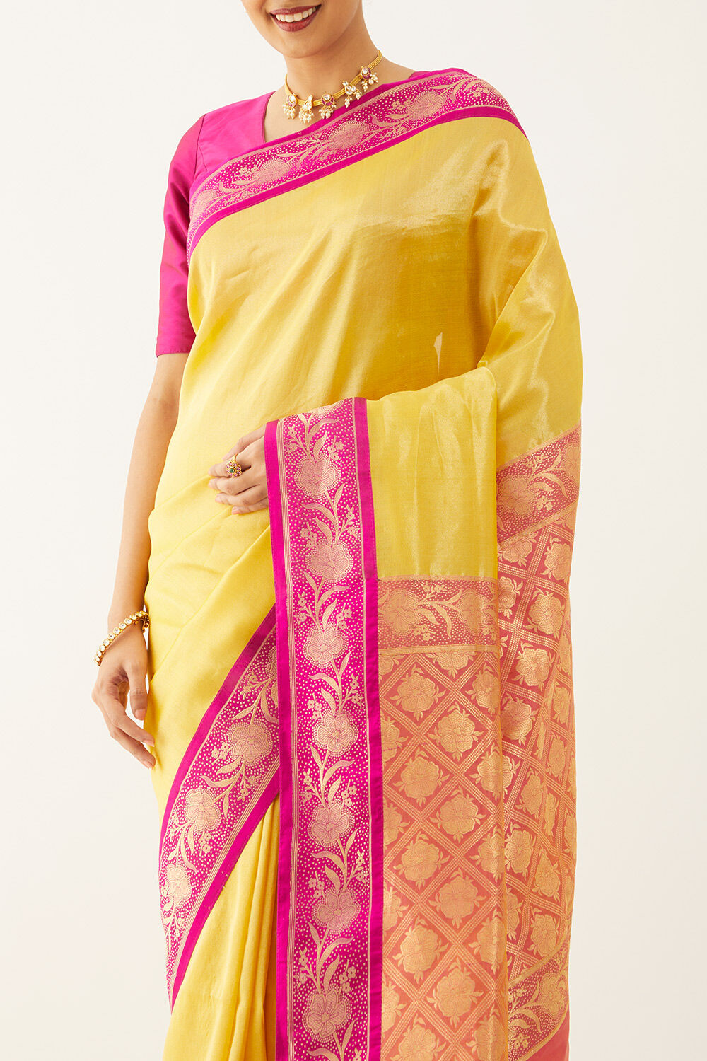 Yellow Pure Silk Tissue Banarasi Kadwa Saree image number null