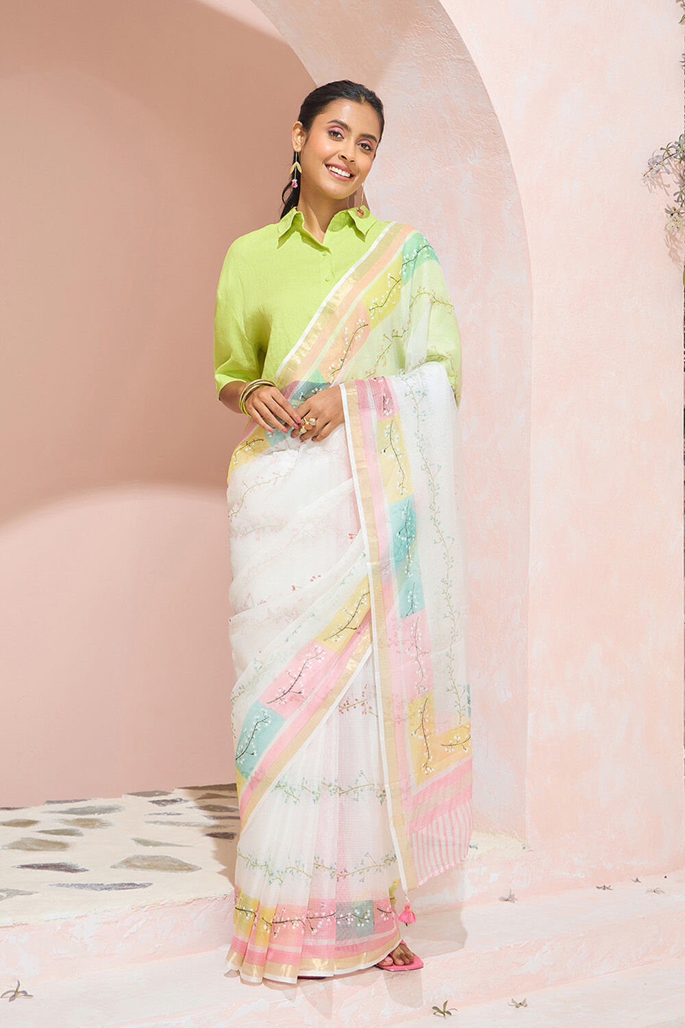 Off White Rajasthan Pure Silk Kota Printed Sanganeri Saree image number null