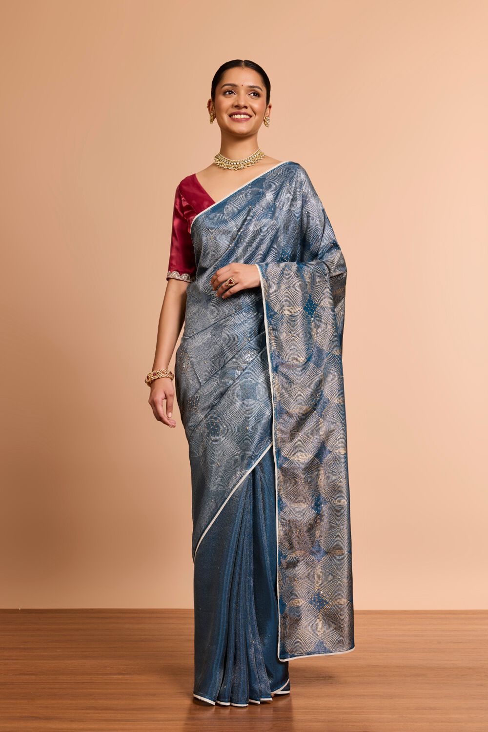 DarkBlue Pure Tissue Organza Printed Embroidered Saree image number null