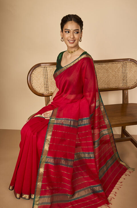 Red Woven Pure Silk Cotton Maheshwari Saree