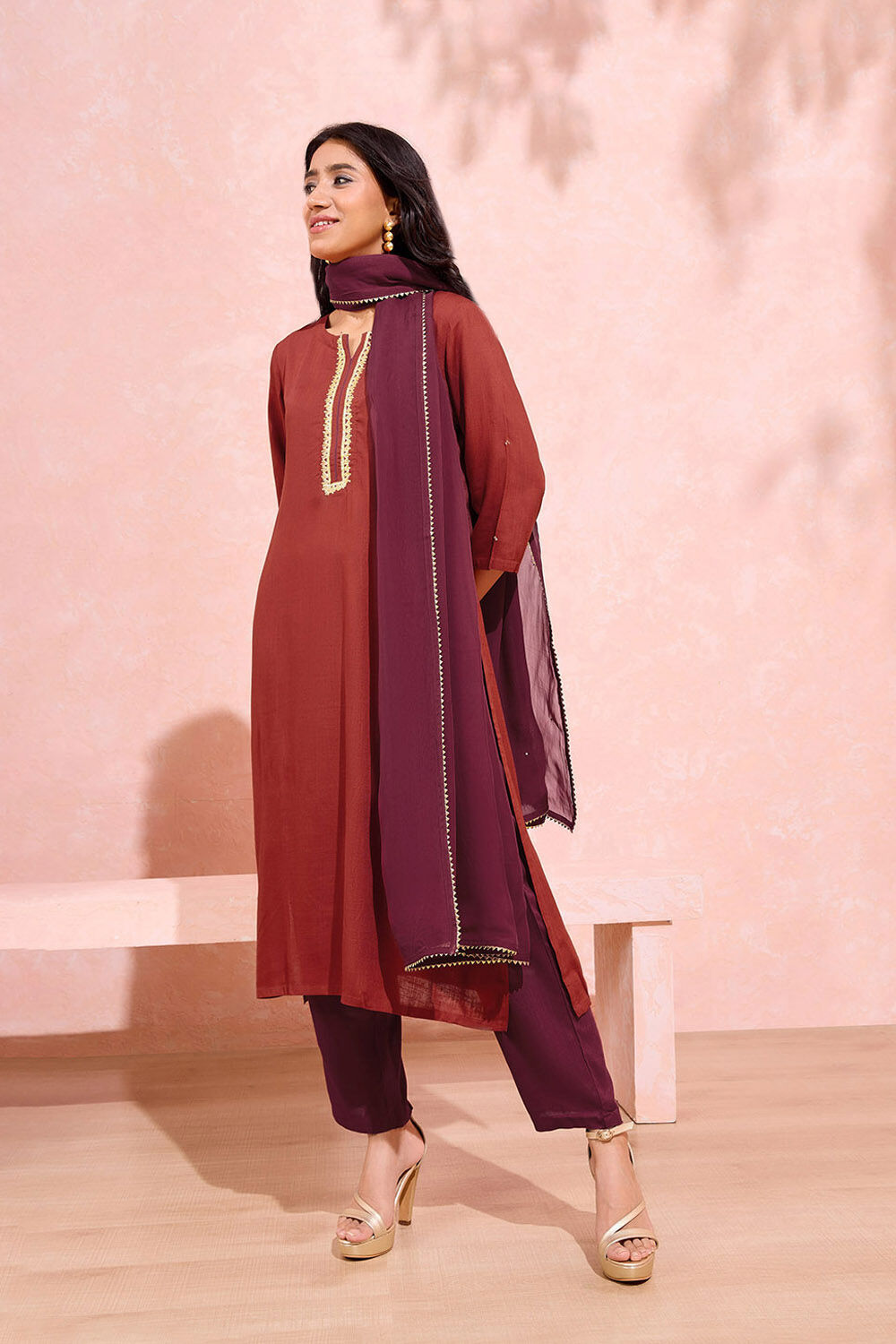 Dark Maroon Viscose Embroidered Kurta Set image number null