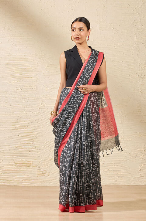 Black Screen Printed Pure Linen Saree